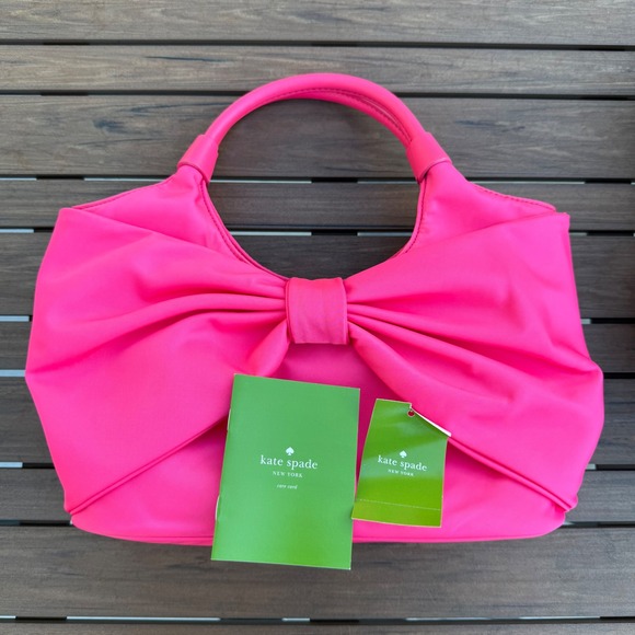 Kate Spade Small Sutton Strawfroyo Nylon Bow Tote Bag Hot Pink PXU4561 - Picture 11 of 14